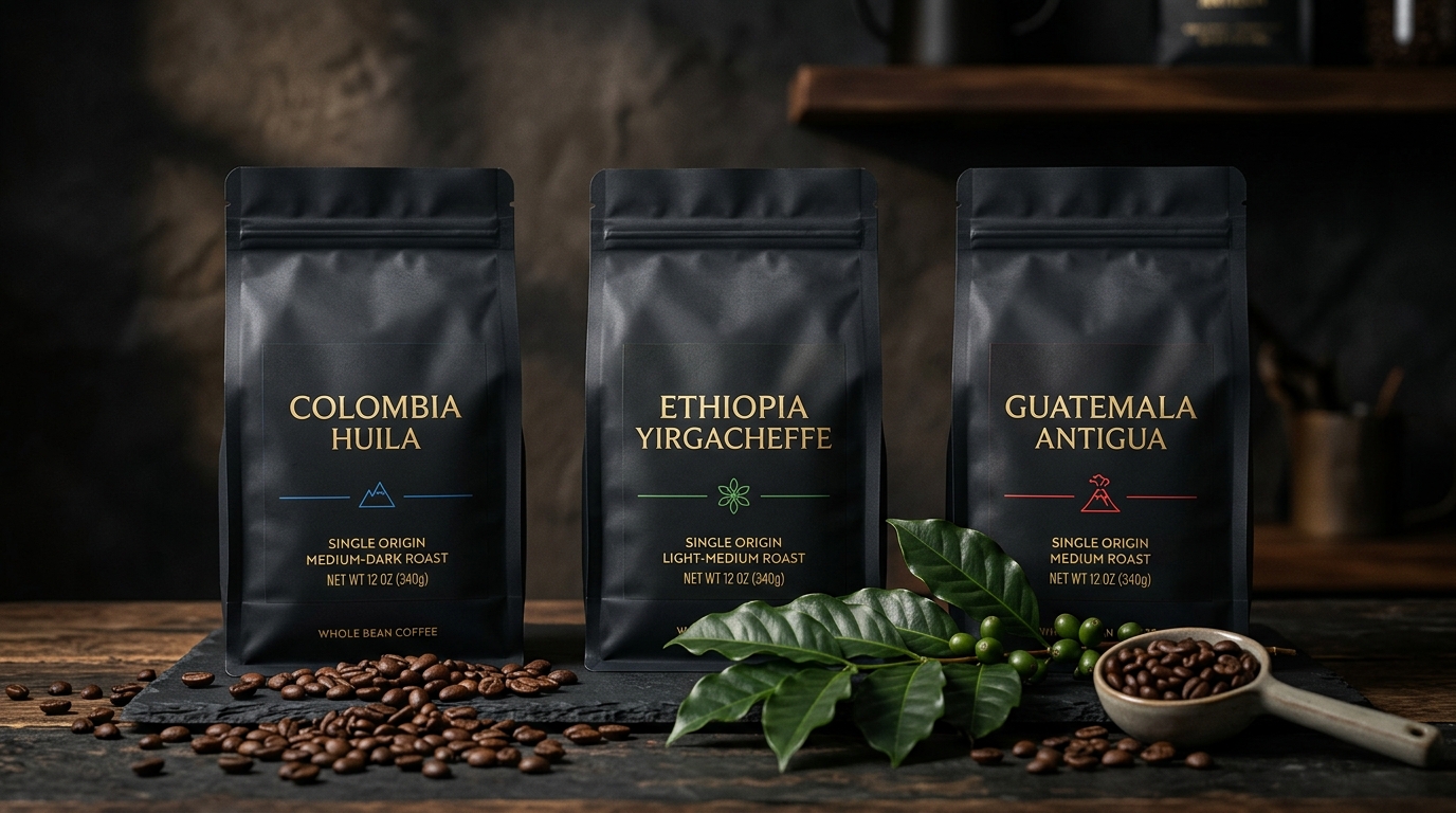Bolsas de café de origen BREW: Colombia Huila, Ethiopia Yirgacheffe, Guatemala Antigua
